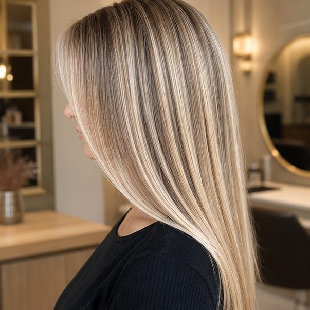 Studený blond melír po úpravě vlasů